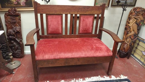 Antique Large Mission Bench Solid Cherry Wood - Early Made - Beautiful Cover