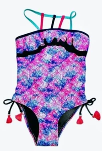 Limited Too Girls Swimsuit Size 5/6 Hot Pink Blue With Fringe & Ruffles 1 Piece - Picture 1 of 6