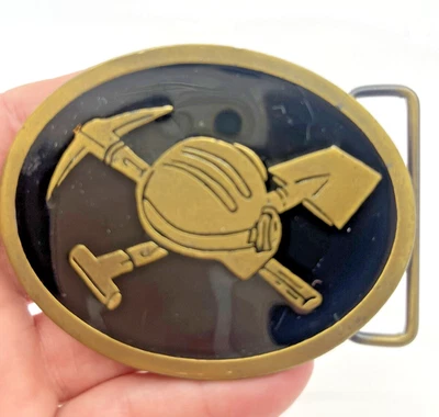 De Colección Para Hombres Hebilla de Cinturón Menores Trabajador Casco Latón Negro Esmalte por Hit Line EE. UU. Foto 1 de 4