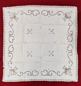 Old square white table cover 33''x34'' with 1'' lace all around - Picture 1 of 7