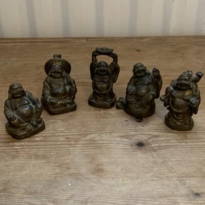5 Vintage Bronze Cast Buddha Laughing Buddhas Vintage Figurines - Picture 1 of 12