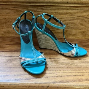 Burberry Plaid Teal Ankle Strap Wedge Sandal Size 37 - Never Worn - Picture 1 of 16