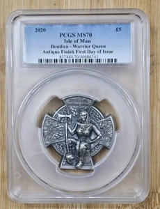 Isla de Man 2020 3 oz. Antigua moneda de plata Boudica reina guerrera graduación profesional MS70 FDOI - Imagen 1 de 2