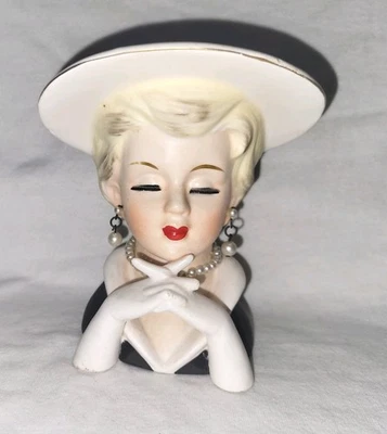 Vintage Rubens Ceramic Lady Head Vase #494 Black Dress And Pearls - Image 1 of 4