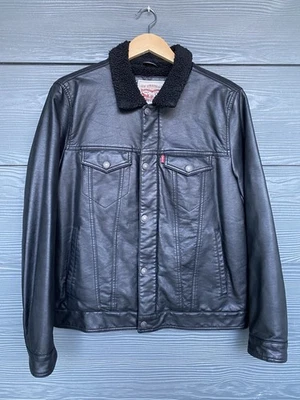 Levi's 黑色皮革夏尔巴内衬拉链纽扣轰炸机外套夹克男式 L — 第 1/4 张图片