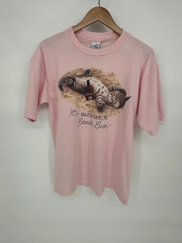 复古 90 年代纪念品衬衫粉色猫图案 T 恤 Beach Bum 尺寸 L — 第 1/4 张图片