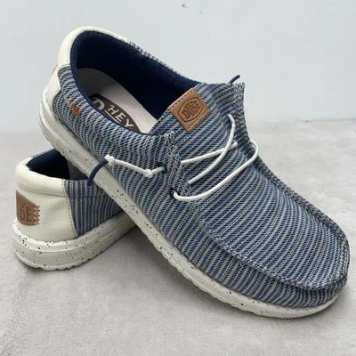 Hey Dude Wally Workwear Canvas Men 8 Blue Gray Stripe Slip On Loafer Comfort EUC - Image 1 of 4