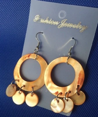 Hoop Abalone Orange shell disk earrings dangles Birthday Gift Gothic Steam Punk - Image 1 of 4