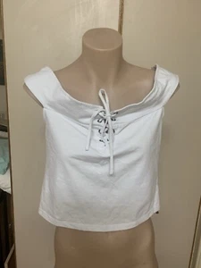White Lace Up Front Off The Shoulder Crop Top Size M-L - Picture 1 of 4