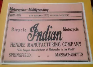 1922 Indian Motocycle Bicicleta Anuncio Hendee Mfg Springfield Massachusetts - Imagen 1 de 2