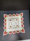 Vintage Holiday Hankie Handkerchief Poinsettia Green Red Village Edge 13" Winter