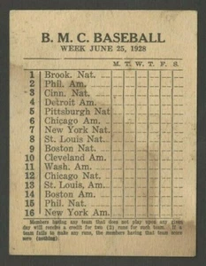 1928 B.M.C. BASEBALL CARD (WEEK JUNE 25, 1928) SCHEDULE FROM UNKNOWN BOARD GAME  - Picture 1 of 2