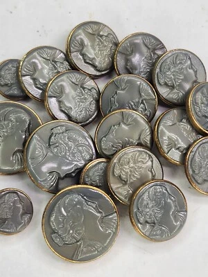 10 Vintage Mother & Daughter Grey Glass Cameo Profile European Buttons NOS - Image 1 of 3