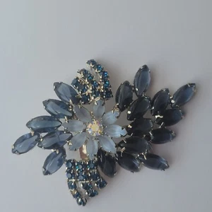 Vintage Rhinestone Floral Brooch With Aurora Borealis Center & Blue Marquise Sto - Picture 1 of 6