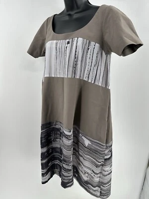 Vestido Yeohlee Resort cinza listra branca manga curta sedoso tamanho 6 bolsos - Imagem 1 de 4