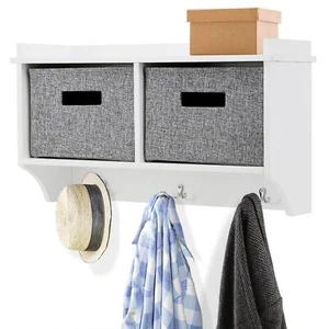 3 Hook Wooden Wall Mounted Coat Rack Display Storage Unit With Fabric Basket - Picture 1 of 6