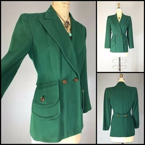 Vtg 40s Statement Blazer Wool Gab Kelly Green Rose Buttons Big Pockets New Look - Picture 1 of 12