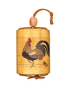 Japan 1810 Kajikawa Edo Period Five Drawer Inro Lacquered Gilt Wood With Rooster - Picture 1 of 5