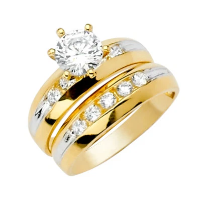 Conjunto de anillo anillo solitario solitario de circonita cúbica de oro blanco amarillo sólido de 14 k para su boda Foto 1 de 2