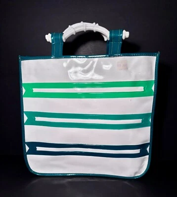 VTG  BOHO Vinyl PVC Hand Bag Plastic Bamboo Handle Travel Beach Tote Satchel - Image 1 of 4