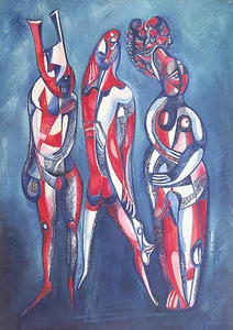 Pintura al óleo australiana sobre lienzo ""Tres Arlekins"" de Yuri Stepanuk. 92x130cm. - Imagen 1 de 1