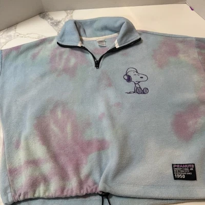 Pullover polar Peanuts Snoopy Cool Joe NYC Crop Tie Dye talla pequeña cabezas de bloque  Foto 1 de 4