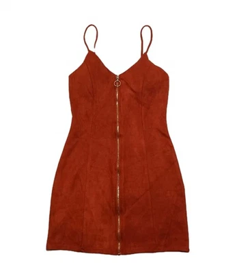 Iris Cremallera Frontal Completa Naranja Quemado Imitación Gamuza Bodycon Correas de Espagueti Talla Pequeña Foto 1 de 4