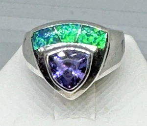 Vintage Designer Havana Tanzanite Opal Ring 925 Silver Modernist Size 7 - Picture 1 of 4