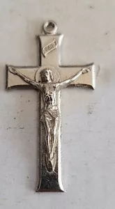 Cross Crucifix Pendant with Jesus Figure INRI Silver Tone Metal Etched Vintage - Picture 1 of 3