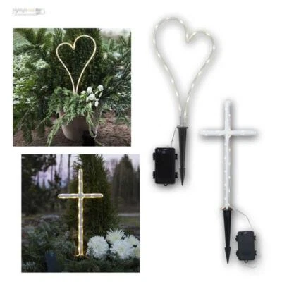 WORLD-TRADING-NET Luz funeraria LED blanca alimentada por batería con temporizador exterior/exterior cruz luz tumba
