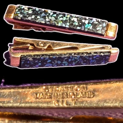 Vintage Strattons Tie Blue Clip Made in England GILT Gold SPARKLE, Coral Color  - Image 1 of 2