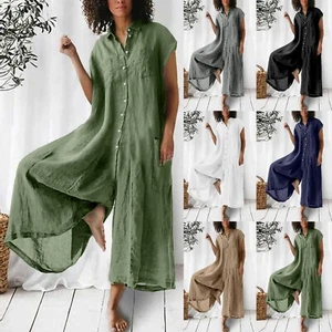 Women Solid Casual Short Sleeve Mid Length Cotton Linen Shirt Jumpsuit Trousers - Picture 1 of 41
