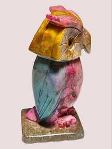 Unique 3" Colorful Handcarved Stone Owl Pink, Teal, Mustard Colors - Picture 1 of 11