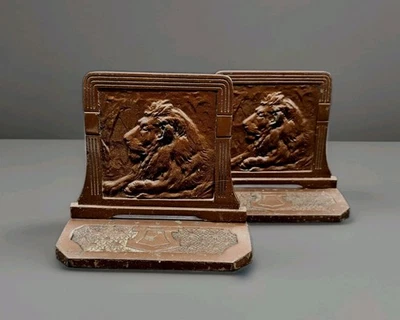 1925 H.L. Judd Mfg Co ART DECO Cast Iron Lion's Head Bookends Matching Set - image 1 of 4