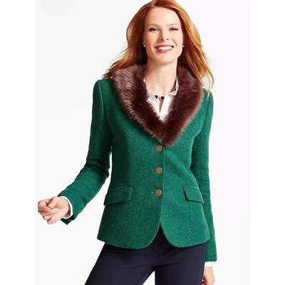 Chaqueta Blazer Talbots Aberdeen Mujer Verde Cuello de Piel Sintética Lana Shetland Talla 6 Foto 1 de 4