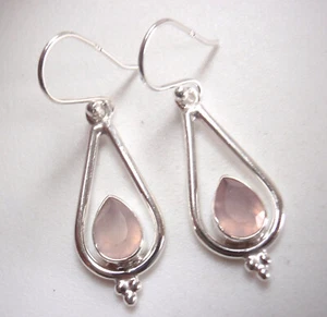 Faceted Rose Quartz 925 Sterling Silver Dangle Earrings Pear Shaped in Hoop - Picture 1 of 2
