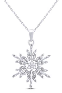 Snowflake Pendant 18" Necklace Natural Diamond Solid 925 Sterling Silver - Picture 1 of 9