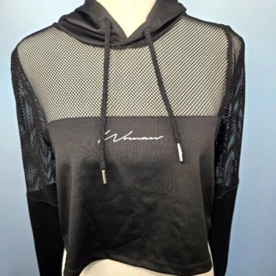 Boohoo Fit Womens Mesh Panel Crop Hoodie Size 6 Black Long Sleeve - Image 1 of 4