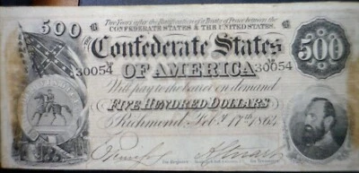 1864 $500 CRISP AU Det. Confederate States Civil War Currency Bank Note NR - Image 1 of 4