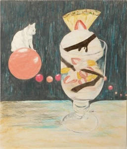 "Larry Volk surrealistische Zeichnung: ""unbenannt (Bubble Cat Perfeit)" 14"" x 17" - Bild 1 von 3