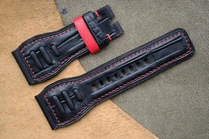 Seven Friday Band Watch Strap 28mm Leather Handmade black color w red stitching - Picture 1 of 5