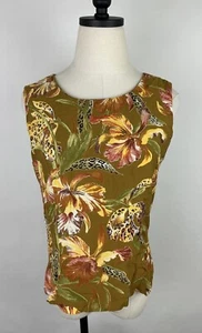 Vintage 90s Tank Blouse S Tan Brown Rayon Tropical Floral Leopard Hawaiian Boho  - Picture 1 of 11