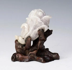 Lavender Jade Lettuce Sculpture – Natural Jadeite with Hand-Carved Wood Base  - Picture 1 of 4