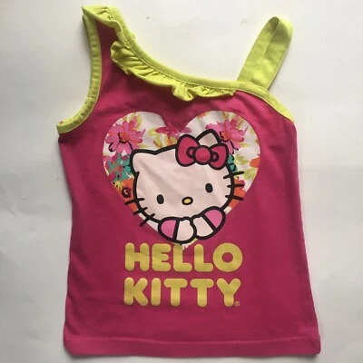 Hello Kitty Tank Girls One Shoulder Ruffle Shirt Size 5 Pink Neon Heart - Image 1 of 4