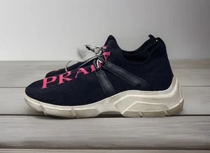 Women's AUTHENTIC Prada Black/Pink Logo Knit Sneakers MadeInItaly Size 7 EU38 - Picture 1 of 9