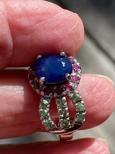 OVAL BLUE SAPPHIRE RUBIES GREEN TOURMALINE PRONG SET  FLATED LEVER BACK EARRINGS - Picture 1 of 24