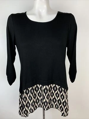 Kate & Mallory Womens Sz S Black White Tunic Top Asymmetrical Hem 3/4 Sleeves - Image 1 of 4