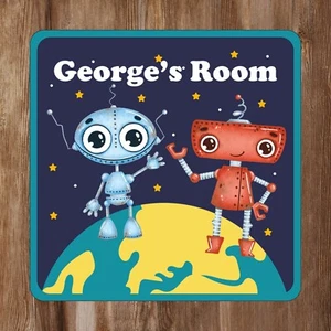 Robot Aliens On Top Of The World Kids Bedroom Door Sign Personalised - Any Name - Picture 1 of 1