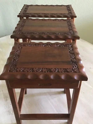 Vintage 1950s Set 3 Asian Style Nesting Tables Indian Rosewood Drawer SUPER NICE - Image 1 of 4