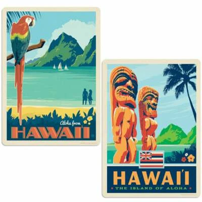 Hawaii Aloha Tiki Gods Sticker Set of 2 Vintage-Style Suitcase Decals - Image 1 of 2